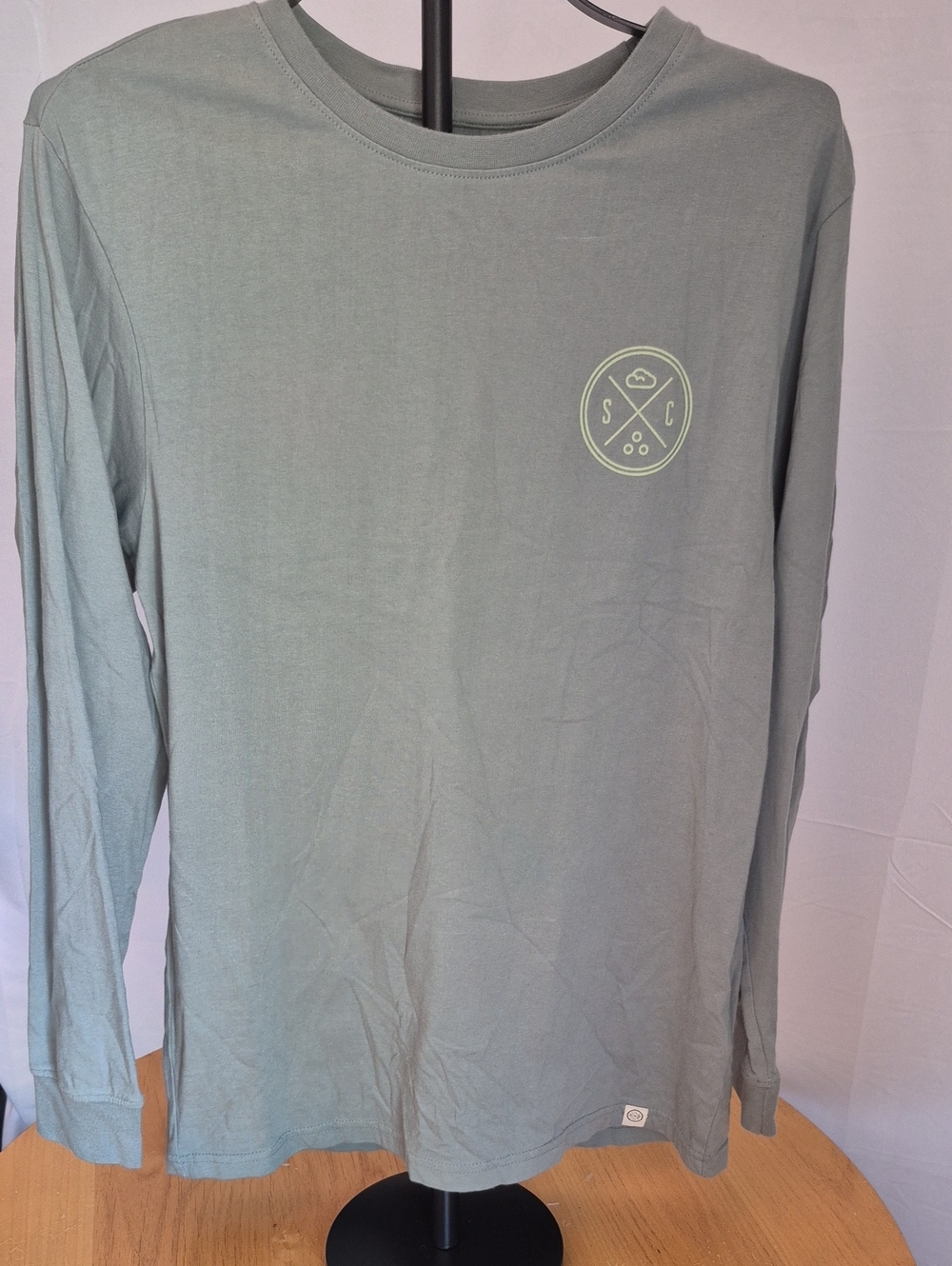Men's Long-Sleeve Crew Tee — Sage Green with Chest Emblem